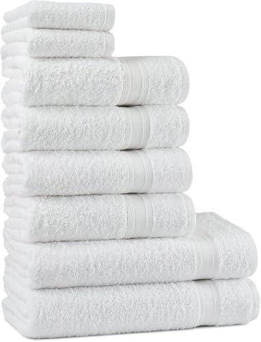 Generico 8 PEZZI Set Asciugamani Bagno Bianchi, Hotel, Cotone, 2 Telo Doccia 100x150cm + 4 Asciugamani 60x110cm + 2 Asciugamani Ospiti 40x60cm, ADATTI casa, hotel, SPA, dormitorio.