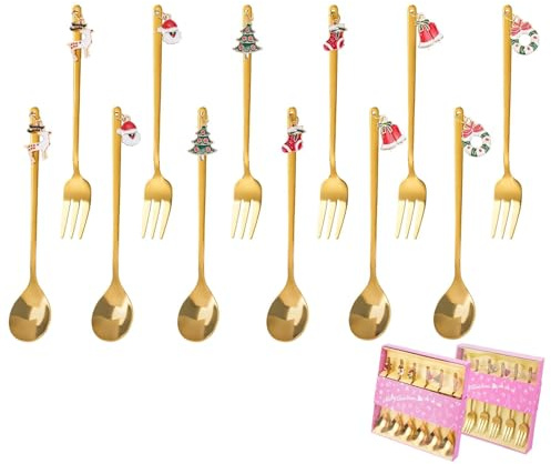 Jiayaus 12 Stück Weihnachtslöffel Set, 6 Edelstahl Weihnachts Kaffee Löffel und 6 Gabeln, Weihnachtsgeschirr mit Geschenkbox, Weihnachten Besteck Für Weihnachtsfeier Tischdekorationen(Gold)