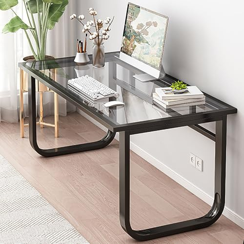 RiouPsithuric Bureau moderne pour ordinateur et jeu avec dessus en verre trempé, cadre en métal, table d'écriture pour bureau à domicile, station de travail compacte pour petits espaces, salon et