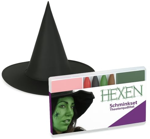 KarnevalsTeufel.de Hexenhut mit Schminkset – Halloween Kostümzubehör in Theaterqualität – Wahl zwischen Hexengrün oder Schminkset für Hexen