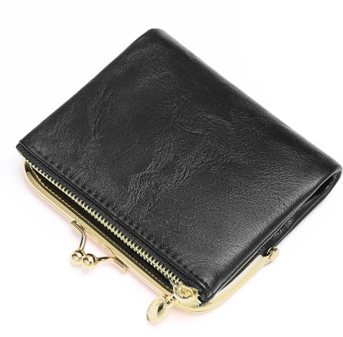 FALAN MULE Kleine kompakte Geldbörse für Damen, aus echtem Leder, mit Reißverschluss und Kussschloss, RFID Blockierung von Bifold Leder Geldbörsen mit Mehreren Kartenfächern und geräumigem Fach