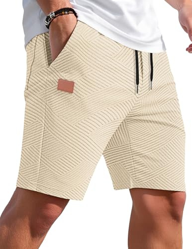 TARAINYA Textura Pantalones Cortos para Hombre Algodón Cordón Beige L