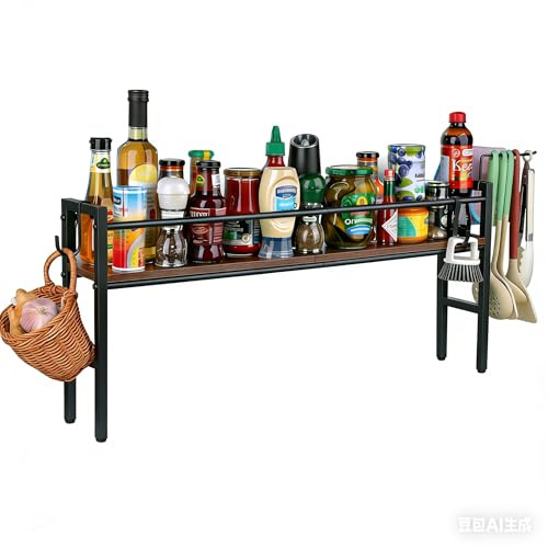 AFAjwsc Gewürzregal, Stehend Arbeitsplatte Gewürzregal Lang 82cm, Gewürz Organizer für Küchenherd, Spice Rack mit 4 Haken, Gewürzregal ohne bohren aus Holz und massives Metall kombiniert
