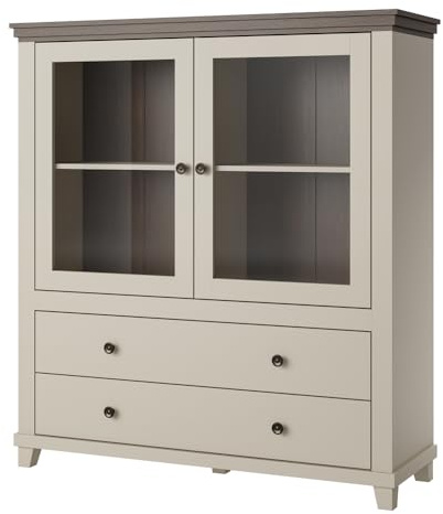 Lomadox Wohnzimmer Highboard Vitrine in Beige mit Eiche, Landhausstil, 2 Türen, 2 Schubladen, Hochkommode, Vitrinenschrank, Glastüren, Geschirrschrank, Esszimmer