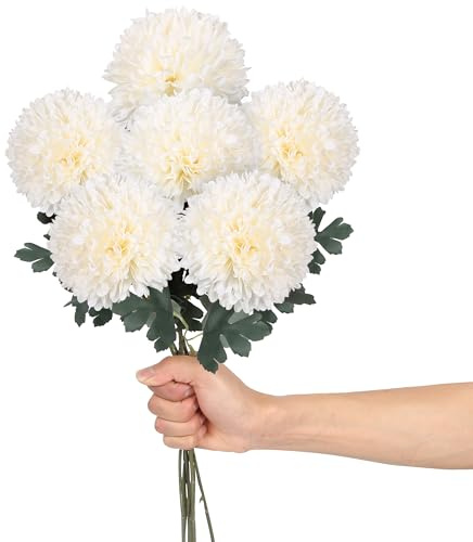 Artifolia 6 pcs 4'' Large Artificial Fake Chrysanthemum Flowers with 22'' Long Stem, White Silk Hydrangea Faux Ball Flowers for Wedding Party Table Centerpieces Floral Arrangement Home Kitchen Décor