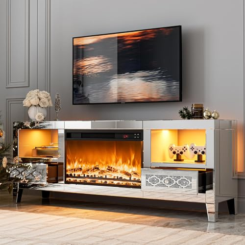 IKIFLY Mirrored LED TV Stand with 23” Fireplace for 65+ inch TV, Silver Crushed Diamond Fireplace TV Stand with LED Light, Modern Entertainment Center with Storage Shelves & Drawers for Living Room