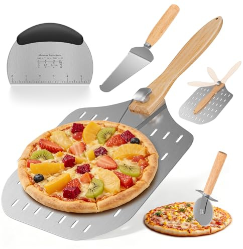 Pizza Peel 12 Inch Perforated, 4PCS Pizza Peel Set Oven Accessories | Folding Wooden Short Handle 12 Pizza Paddle with Small Spatula & Turner, Pizza Rocker, Dough Scraper for Making Pizza Bread
