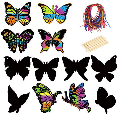 KATOOM 48stk Kratzbilder Kinder Set Schmetterling Kratzpapier Regenbogen Scratch Paper Frühling Fensterbilder Rubbelkarte zum Basteln Party Mitgebsel Geschenk für Kindergeburtstage DIY Dekoration