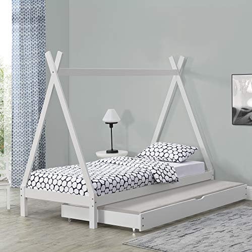 Lettino a Forma di Tenda 90 x 200 cm con Secondo Letto Estraibile 90 x 190 cm Lettino Montessori Lettino Tipi in Legno con 2 Posti Letti - Bianco