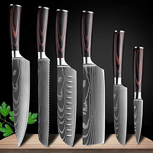 8 cocina japonesa pulgadas cuchillos de Damasco cuchillo cocinero patrón Herramienta afilada cuchilla de cortado Cuchillos (Color : 6 PCS Value set)