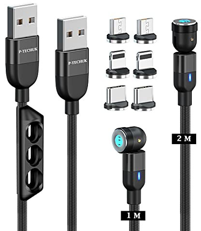 P-TECHUK Fast Charging Magnetic Data Cable, Magnetic Charging Cable with Data Transmission. Type C and Micro Usb connectors - A17 Black (1M 2M Cables, 1 x Tip Holder, 6 x Tips)