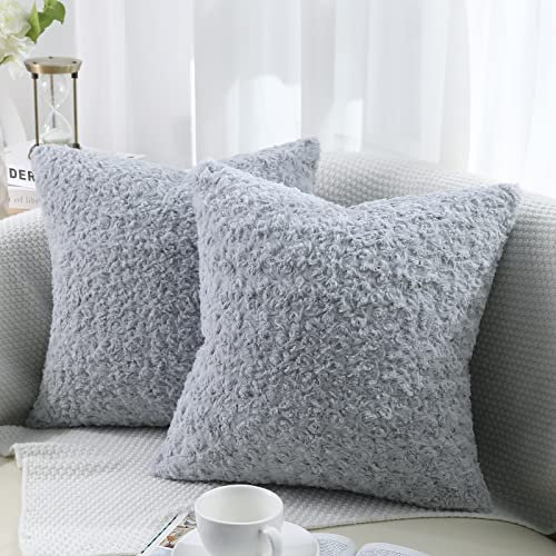 decorUhome Set of 2 Fur Cushion Covers Decorative Faux Fur Plush Fluffy Square Neutral Pillow Case for Sofa, Light Grey, 24 x 24 inch/60x60cm