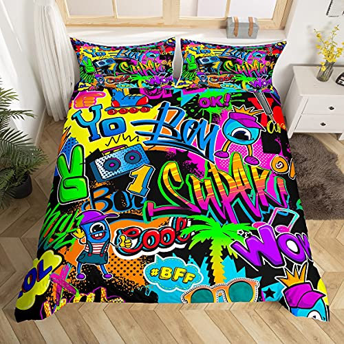 Hip Hop Bettwäsche-Set,Urban Street Art Grunge Style Bettwäsche Set 135x200cm,Farbige Wörter Cartoon Betten Set für Kinder Jungen Mädchen Teenager 2St.Reißverschluss Mikrofaser
