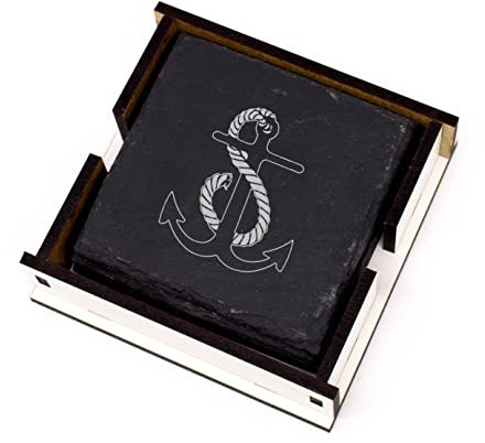 Untersetzer Schiefer mit Anker Gravur 4 Stück mit Holzbox maritim Getränkeuntersetzer 11 x 11 cm | Dekolando