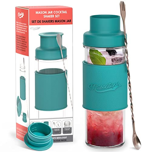 Masontops Cocktail Shaker Set - Glas Mason Jar Drink Shaker - 4 Stk Set mit Mixstab aus Metall