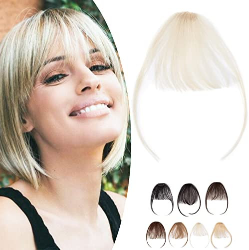SEGO Haarverlängerung mit Pony, zum Anstecken, Naturhaar mit Schläfe – Haarteil mit Pony – Pony, Echthaar, Damen, 60#Platinblond