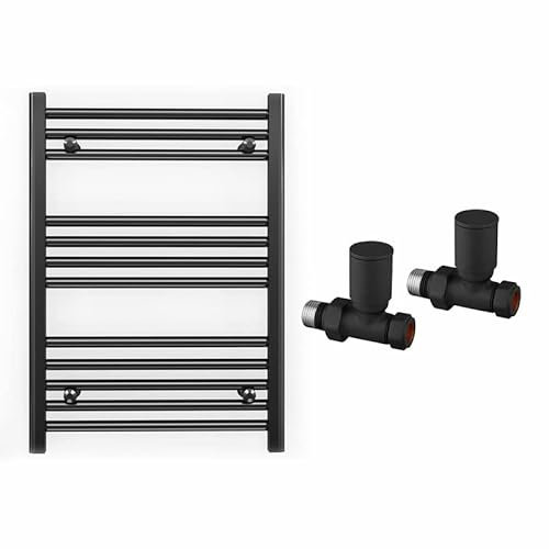 Myhomeware 600mm Wide Straight Black Heated Bathroom Towel Rail Radiator With Valves For Central Heating UK (With Black Straight Valves, 600 x 700mm (h))