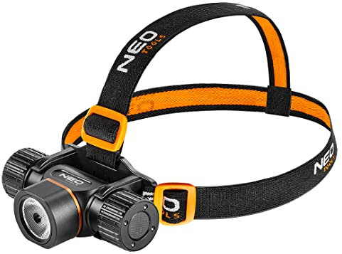 NEO TOOLS Akku-/Batterie-Kopftaschen-lampe 20W, max. 2000 Lm, Reichweite 200m, LED Cree XP50.2, IPX4, 4000mAh 3.7 Li-Ionen, USB, 5 Lichtfunktionen 100%, 40%, 15%, 3%, Strobe