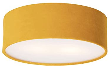 QAZQA - Modern Deckenleuchte I Deckenlampe I Lampe I Leuchte ocker 30 cm mit Gold I Messingener Innenseite - Drum mit SchirmI 2-flammig I Wohnzimmer I Schlafzimmer - Textil Zylinder - LED geeignet E27