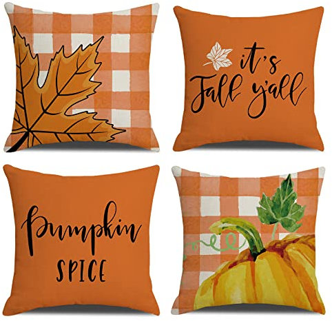 OCEUMACO Leinen Kissenbezug 40x40 Herbst Kissenhülle 4er Set Quadratisch Sofakissen Dekokissen Bezug für Couch Fall Ahorn Kürbis Kissen Kissenbezüge Outdoor Deko Couchkissen Zierkissen - Orange