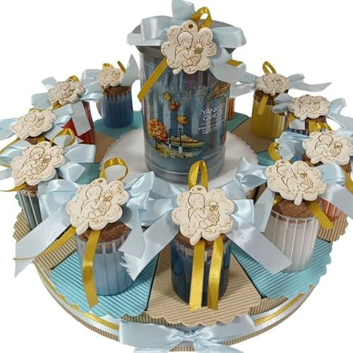 Torta bomboniere comunione maschio candele profumate con calamita angioletto bimbo con calice tra le mani + centrale giara bigliettini e confetti inclusi (12 fette)