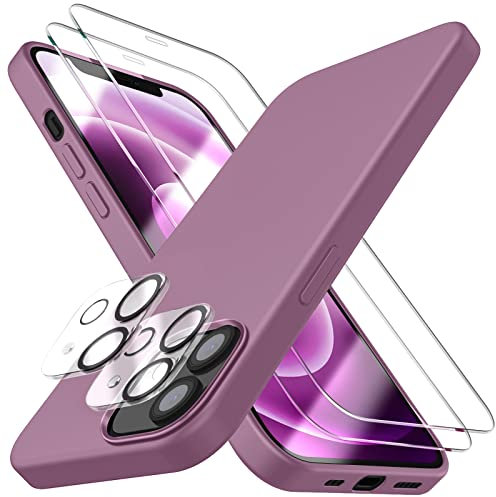 Dssairo [5 in 1 für iPhone 12 Hülle/iPhone 12 Pro Hülle 6.1, mit 2 Pack Displayschutzfolie + 2 Pack Kameraobjektivschutz, Flüssigsilikon Slim Stoßfest Schutzhülle Handyhülle (Lila Lila)