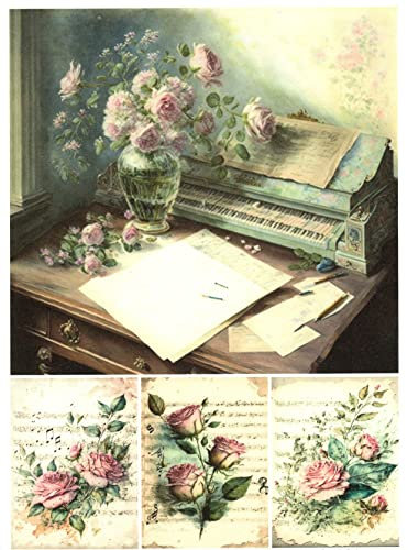 Josys Bastelmärchen Reispapier A4 Strohseide Decoupage Noten Rosen Vintage Musik Vase RE1141