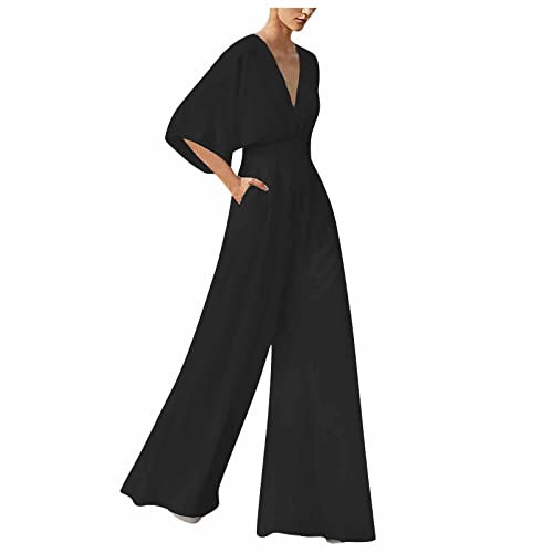 RMBLYfeiye Jumpsuit Damen Lang V-Ausschnitt Einfarbiges 3/4 Ärmel Chiffon Jumpsuit Mit Taschen Hohe Taille Tailliert Tunika Overall Hosenanzug Festlich Jumpsuit Elegant Hochzeit Gast