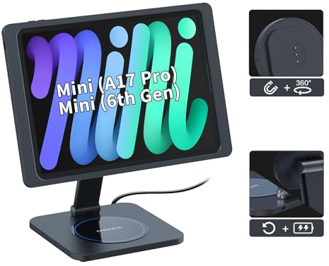 EMONITA Magnetic iPad Stand with A6 Charging Case, Black | Strong Magnets, 360 Rotation, 90 Tilt, Adjustable, Foldable, Portable, Charger & Cable Included
