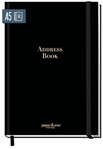 paper&you® Adressbuch A5 mit Register A-Z [Black Edition] Buch für Kontakte, Geburtstage & Passwörter - nachhaltig & klimafreundlich