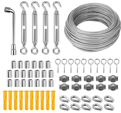 Idota Cavo Acciaio 3 mm Filo Acciaio Inox 30 m con Tenditore Acciaio, Ganci a Vite, Morsetti Simplex, Manicotti Alluminio, Chiavi Inglesi