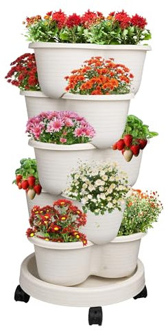 Hourleey Erdbeer-Pflanzgefäß, 5 Etagen, stapelbar, Gaden-Turm für Blumen, Gemüse, zum Anbauen Ihres eigenen Kräutergartens, vertikale Oase von Gemüse und Sukkulenten