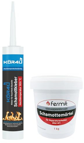 kör4u Schamottkleber beige + Fermit Schamottemörtel 1kg, Kleber für feuerfeste Bauteile, perfekt zur Reparatur von beschädigten Schamottsteinen (kör4u Schamottkleber + Fermit Schamottemörtel 1kg)