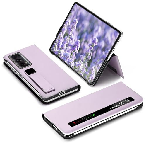 qichenlu Ultra Weich Nappa Leder Hülle für Honor Magic V2,【Magnetverschluss,Auto Schlaf,Handband】 Smart View Echtleder Slim Flip Case Tasche Klapphülle,Violett