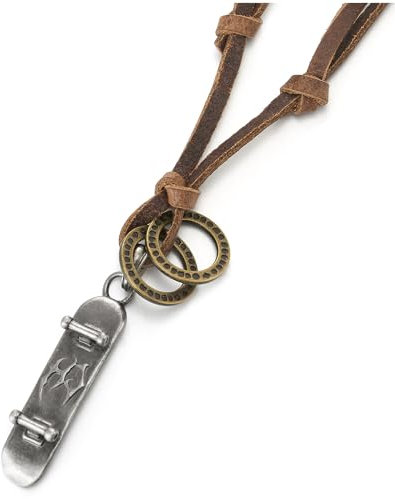 COOLSTEELANDBEYOND Skateboard Anhänger, Charme Halskette für Herren Damen mit Verstellbaren Braun Lederband