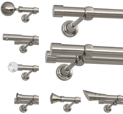 ROLLMAXXX Gardinenstange 200 cm breit - 19 mm Durschmesser - 1-Läufig - Edelstahl Optik - inkl. Wandhalterungen, Endstücken und Montagematerial im Saloma Design