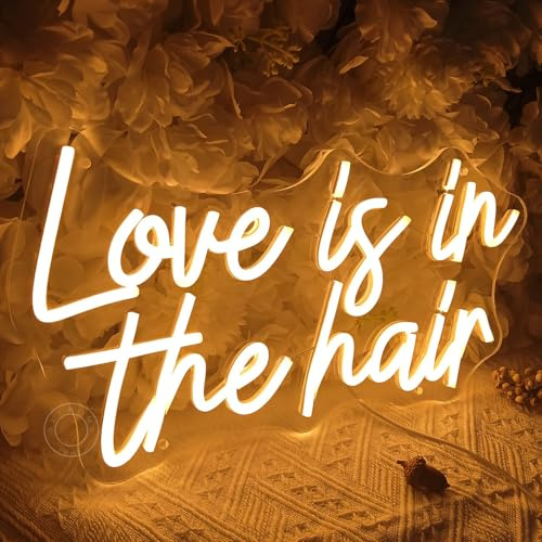 SYLHOME Love Is In The Hair Led Neon Light Sign Barber Shop Wall Decor USB | Business Hair Makeup Salon Studio Bedroom Wall Decor Neon Sign Hairdresser Birthday Christmas Gift, 15.75X8.8, Warm White