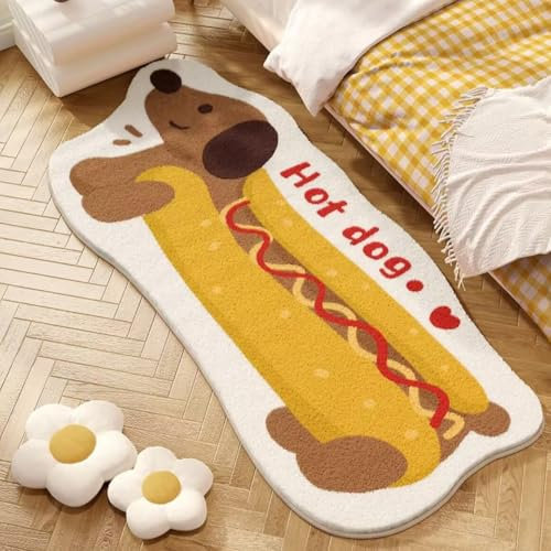 POPUPWAVE Teppich Waschbar für Schlafzimmer 40 x 120 cm, Niedlicher und lustiger Kinder-Teppich, modern, Bedruckt, weiß, unregelmäßige Form für Eingangsbereich(DREI Hunde) (hot Dog (Lehnwort))