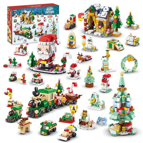 POFIBO Klemmbausteine Adventskalender 2024 Countdown Kalender 24 Stück Mini Weihnachten Bauset 6-in-1 Weihnachtsmann Weihnachtsbaum Eisenbahn Baustein Spielzeug Geschenke für Kinder Junge Mädchen 6-12