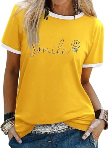 WIEIYM Women's T Shirts Smile Letter Print Summer Tee Crew Neck Ladies Short Sleeve Tops Casual Shirt S-XXL Yellow