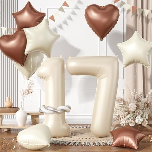 17 Cream White Balloons, 17 Number Balloons Set, Beige Number 17 Balloon, Brown Sand White Foil Star Heart Long Balloon For 17th 71st 17 71 Years Old Birthday Party 1st 7th Baby Shower Decorations