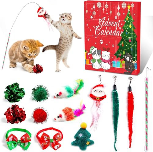 Recitem Katzen Adventskalender 2024, Weihnachts-Katzen-Adventskalender mit 24 PCS Katzenspielzeug Set, Federspielzeug für Katzen, Kitten Spielzeug, Weihnachtskalender für Katzen (12 PCS)