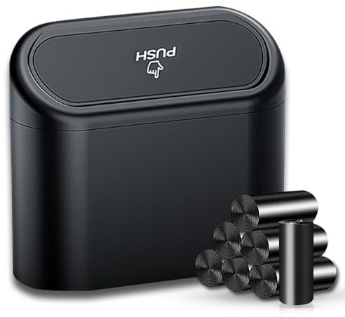 Coztie Mülleimer Auto mit 105 Stück Müllsäcke, Automülleinmer, Mülleimer Klein, Automülleinmer Mit Deckel, Accessoires für Familie Büro Küche Autos Vordersitz Zubehör 15,5 x 6,5 x 14 cm Schwarz