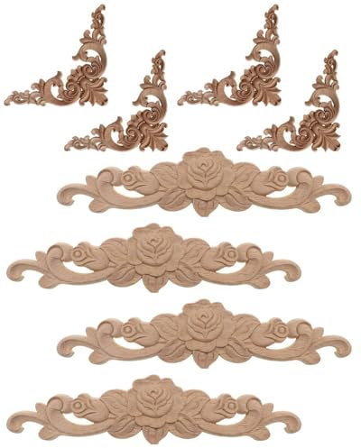 KGDUYC 8 PCS Fregio Legno, Fregi in Legno Decorativi per Mobili per Mobili Letto Porta Finestra Decorazione Fai da Te Fatta a Mano (4 Ornamenti d'Angolo, 4 Ornamenti in Legno a Parete Lunga)