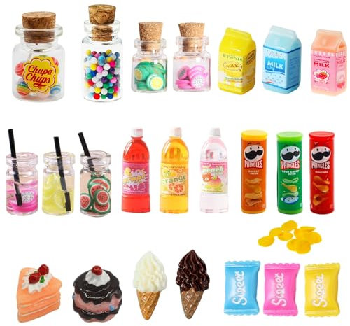 Wichtel Zubehör Küche - 24 Stück Miniatur Essen und Trinken Set, 1/12 Puppenhaus Zubehör, Spielharz Lebensmittel, Deko Süßigkeitenstände für Wichteltür Weihnachten