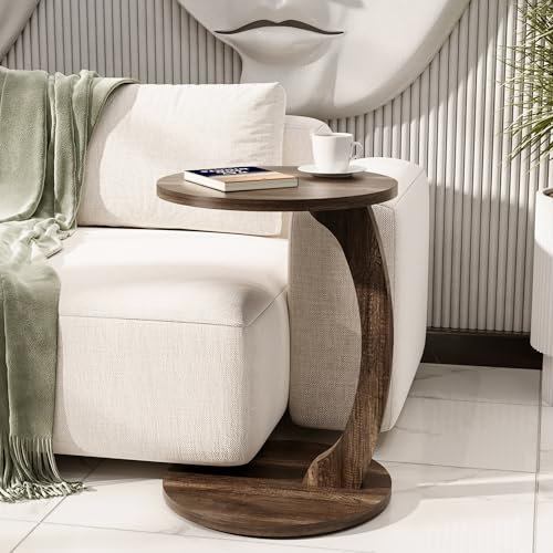 Tubibu C Form Kleiner Beistelltisch, Runder Tisch als Ablagefläche für Couch und Sofa mit Rollen, Rolltisch, Abstelltisch, runde Tischplatte (C-Form, Walnut)