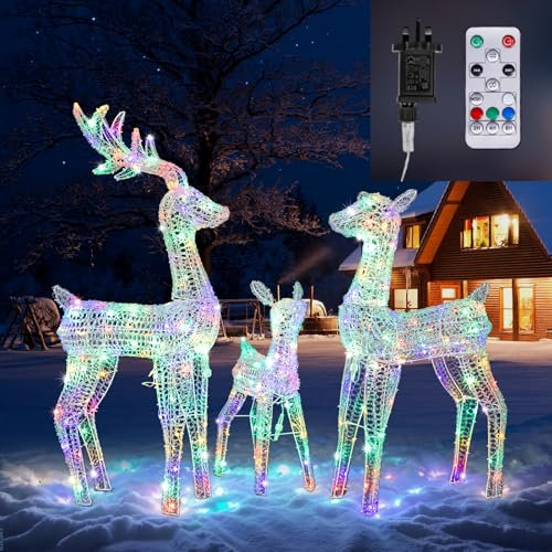 LEADZM Weihnachtsdeko LED Rentier Metall Weiß Eisen Rahmen Beleuchtet Weihnachtshirsch kaltes weißes Licht Weihnachten Deko für Innen Außen Weihnachtsdeko aussen(Fernbedienung Bunte Lichter Elch)