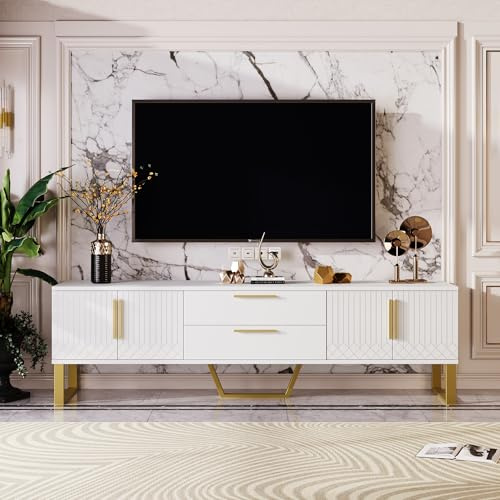 Shye Hochglänzender TV-Schrank: Boden, goldene Griffe und Füße, Tür mit gravierter Textur, perfekte Kombination aus Eleganz, Luxus und Funktionalität (Weiß und Gold)