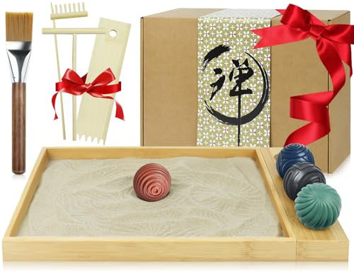 Artcome Jpanese Zen Garden Kit for Desk - Premium Mini Sand Garden with Bamboo Tray - Meditation Sand Tray with 4 Zen Balls and Rake Tools for Relaxation - Mindfulness Therapy Decor - Ideal for Gift