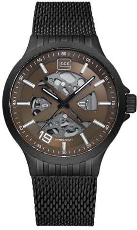 GLOCK Herren Automatik Uhr | 44mm Gehäuse | Armbanduhr mit Schwarzem Edelstahlgehäuse | Coyotem Zifferblatt | Schwarzem Mesharmband | 10ATM | GW-18-2-24